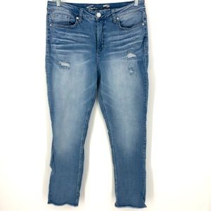 Seven7 Slim Straight Medium Wash Jeans Raw Hem Distressed Zip/Button Size 12